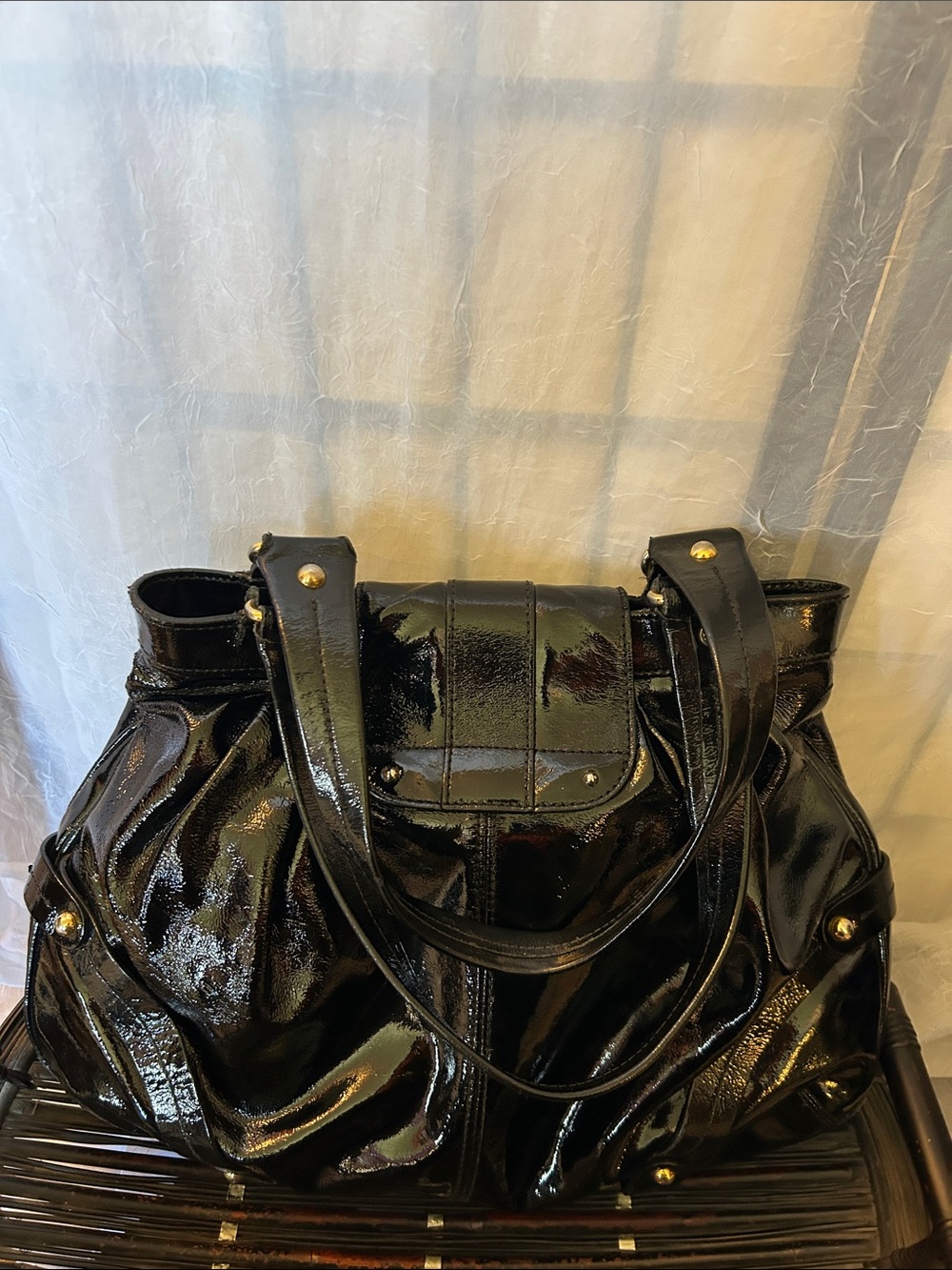 Dooney & Bourke Black Patent Tote with Gold Buckle - Picture 7 of 12